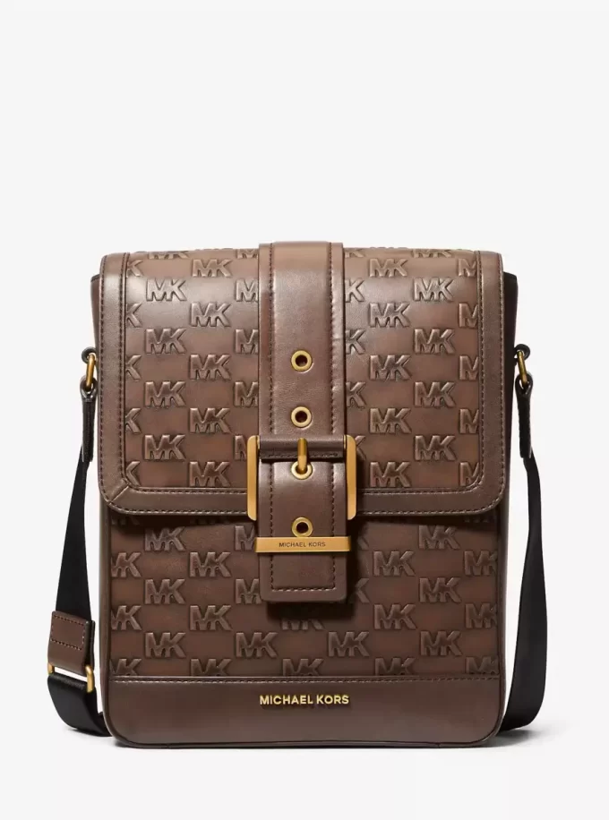 Colby Logo Embossed Burnished Leather Messenger Bag