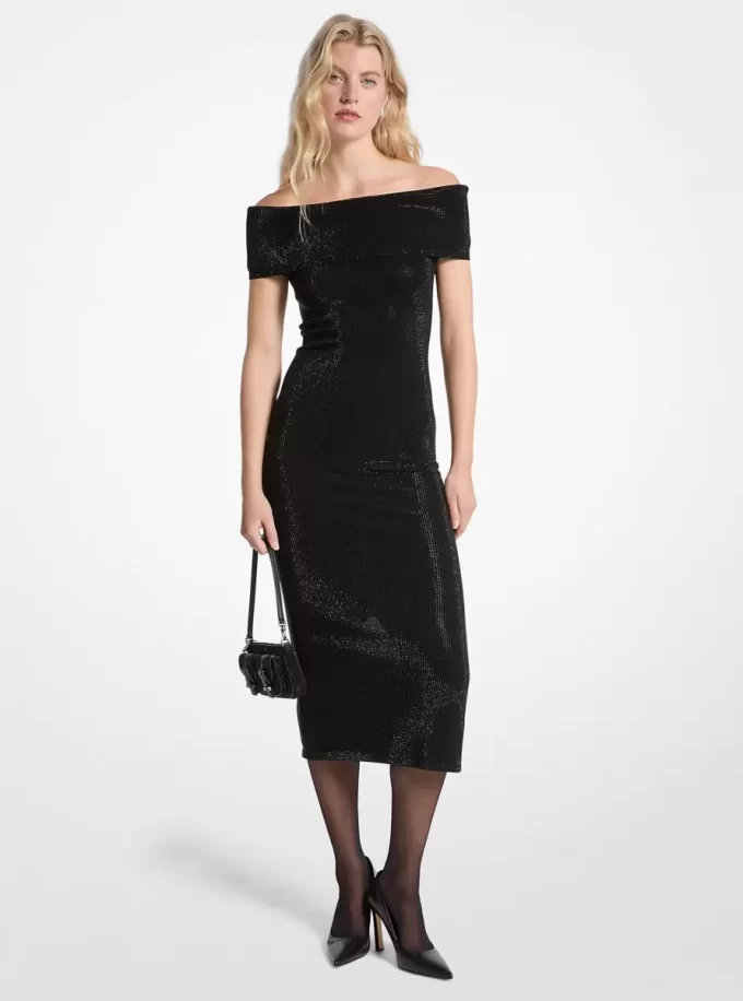 Embellished Stretch Knit Off-The-Shoulder Dress