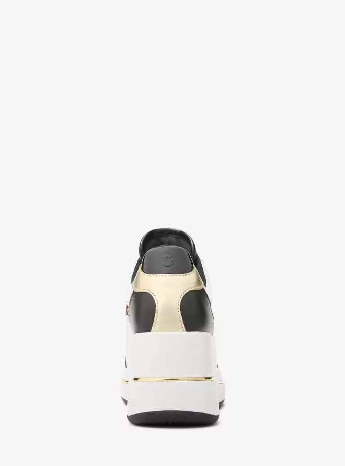 Emmy Leather and Leopard Print Calf Hair Wedge Trainer