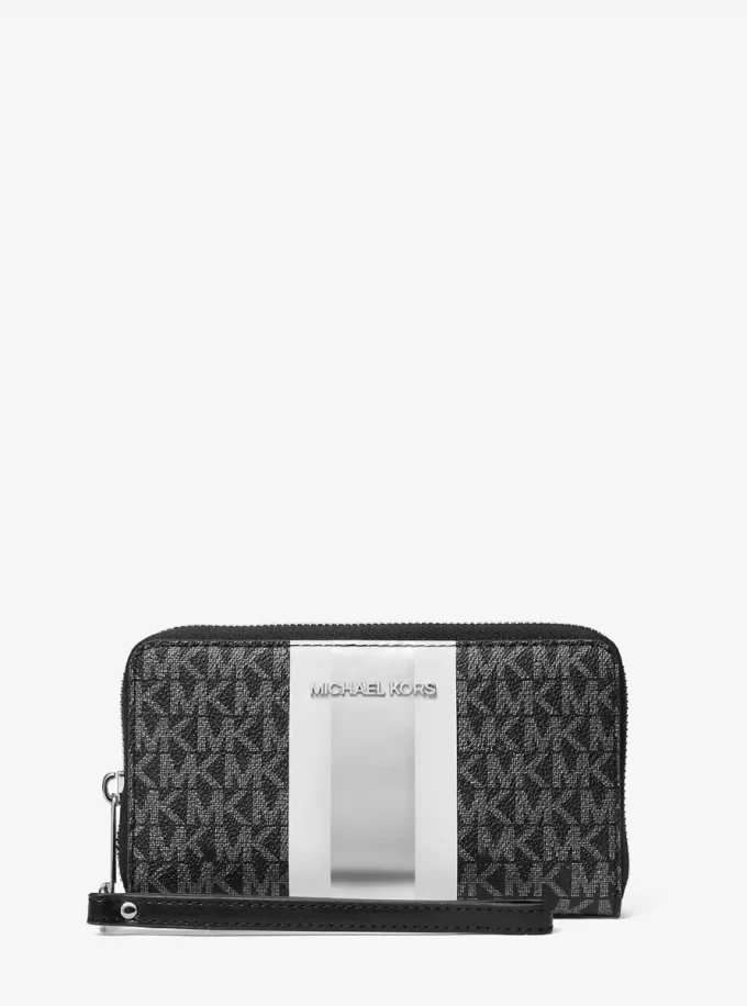 Jet Set Large Metallic Signature Logo Stripe Smartphone Wallet