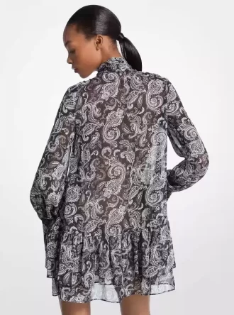 Metallic Paisley Georgette Tie-Neck Dress