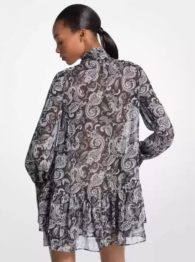 Metallic Paisley Georgette Tie-Neck Dress