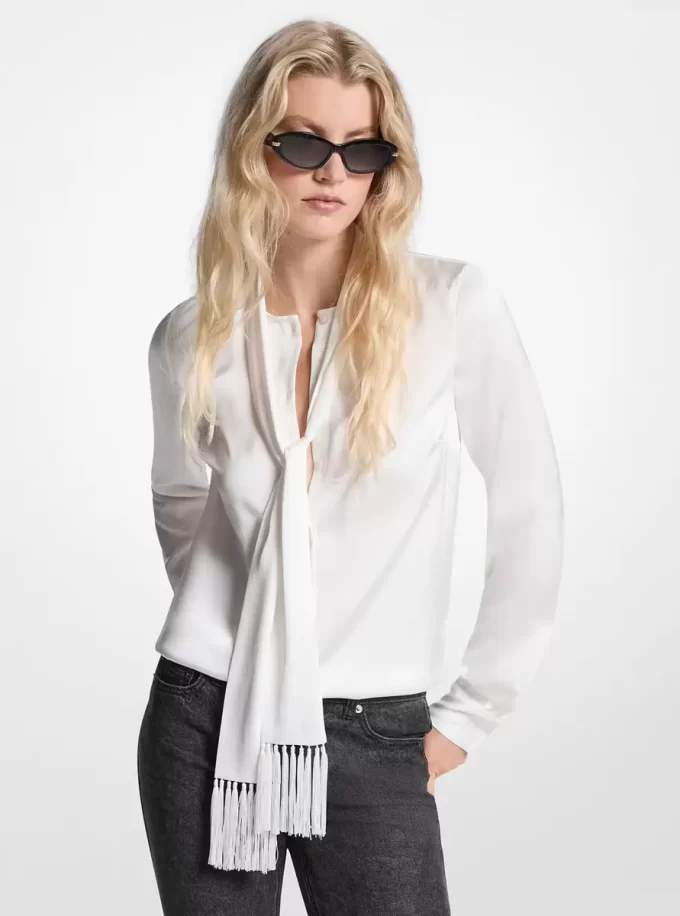 Satin Fringed Tie-Neck Blouse