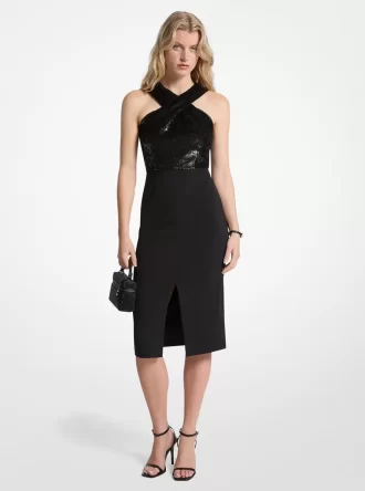 Sequined and Crepe Halter Dress