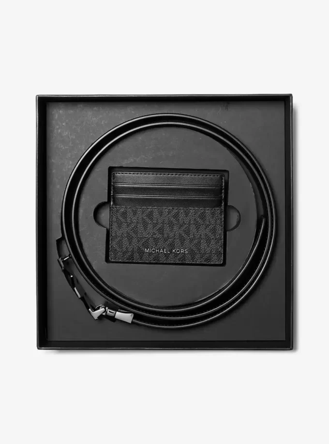 Signature Logo Card Case and Belt Gift Set