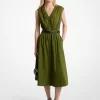 Stretch Cotton Poplin Belted Midi Dress
